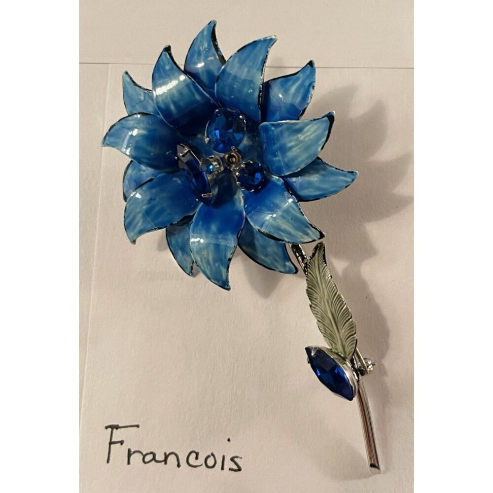 Vintage Francois Coro Blue Enamel Flower Brooch Rhinestone Stem Pin 3D Signed